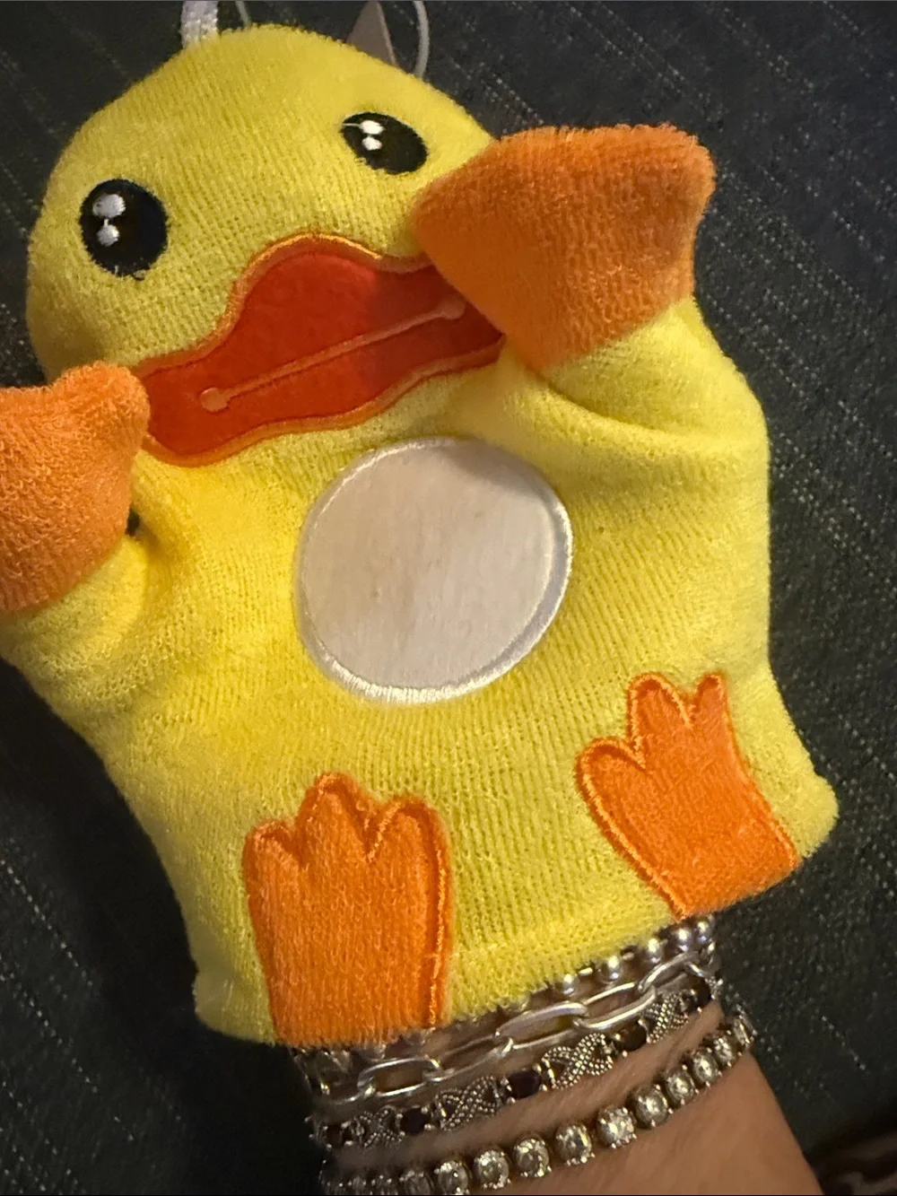 Yellow Duck Bath Glove with Orange Accents